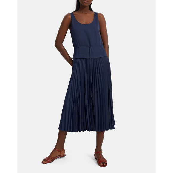 Theory NWOT Pleated Satin Crepe Sleeveless Dress Blue Size P S